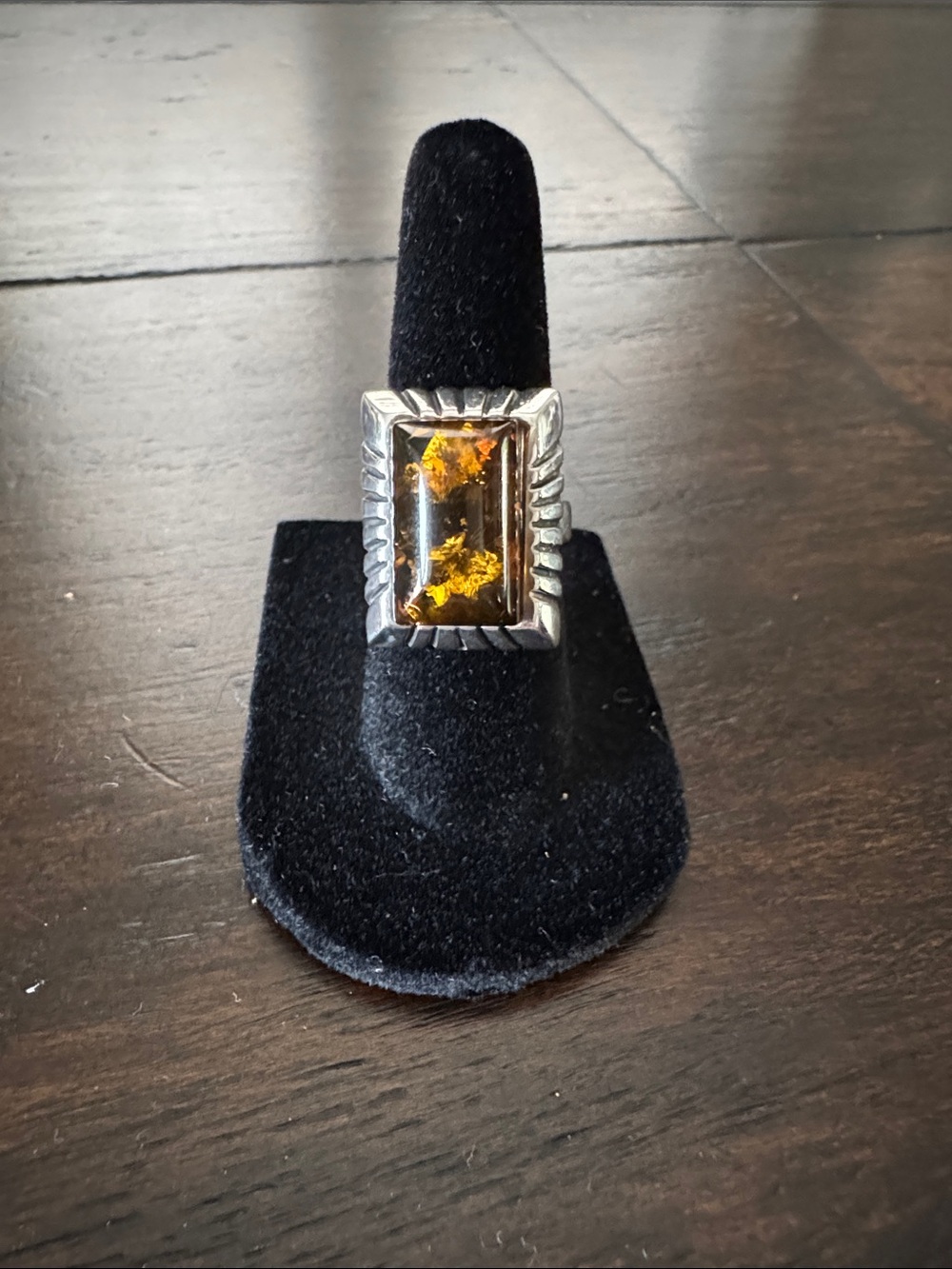Amber Stone Sterling Silver Frame Statement Ring - Brown Amber Size 5